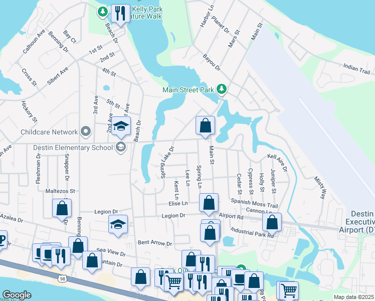 map of restaurants, bars, coffee shops, grocery stores, and more near 715 Whippoorwill Lane in Destin