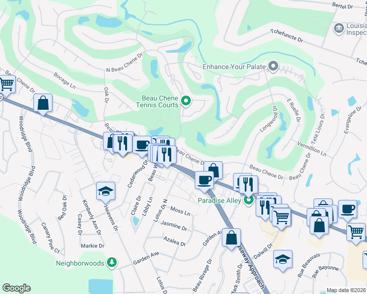 map of restaurants, bars, coffee shops, grocery stores, and more near 589 Beau Chene Drive in Mandeville