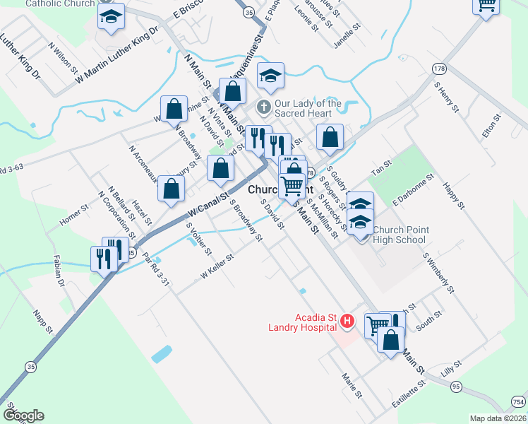 map of restaurants, bars, coffee shops, grocery stores, and more near 318 S David St in Church Point