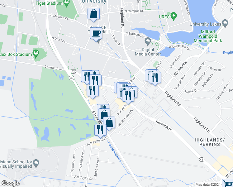 map of restaurants, bars, coffee shops, grocery stores, and more near 4194 Burbank Drive in Baton Rouge