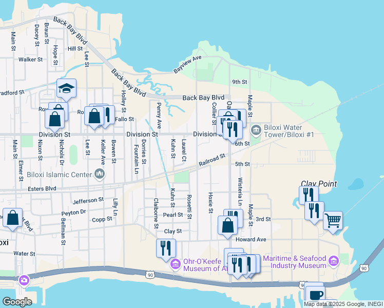 map of restaurants, bars, coffee shops, grocery stores, and more near 265 Crawford Street in Biloxi