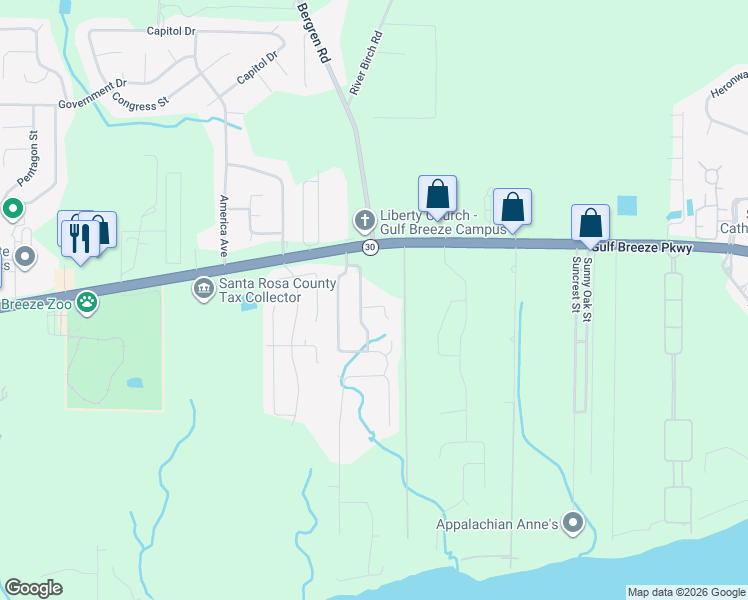 map of restaurants, bars, coffee shops, grocery stores, and more near 6012 Toulouse Street in Gulf Breeze