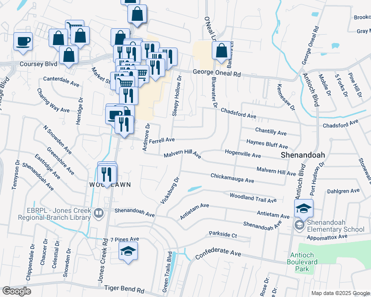 map of restaurants, bars, coffee shops, grocery stores, and more near 15617 Malvern Hill Avenue in Baton Rouge
