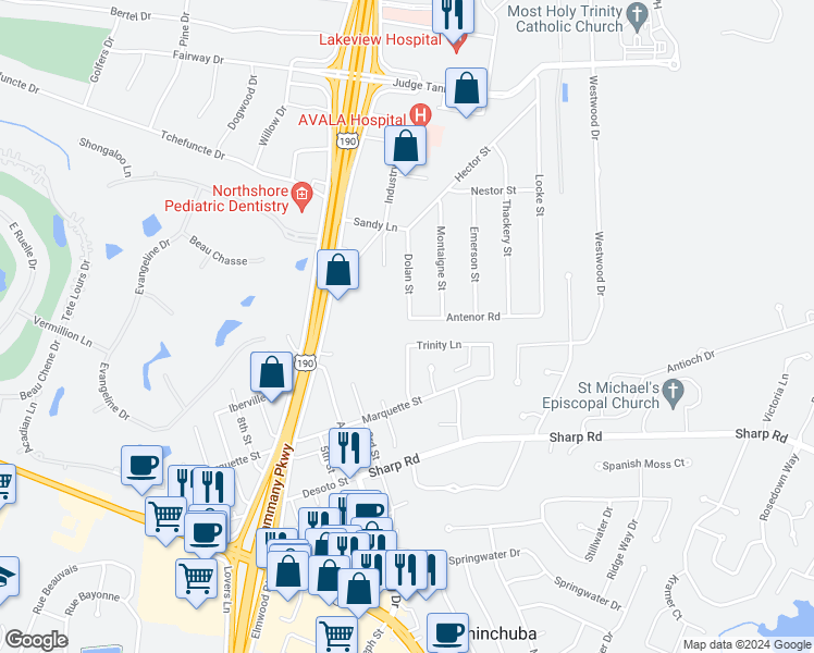 map of restaurants, bars, coffee shops, grocery stores, and more near 19110 Antenor Street in Mandeville