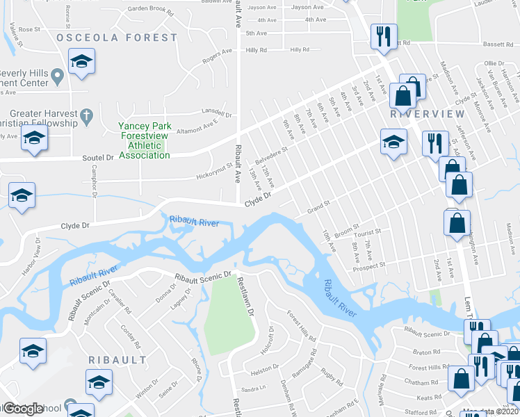 map of restaurants, bars, coffee shops, grocery stores, and more near 2644 Clyde Drive in Jacksonville