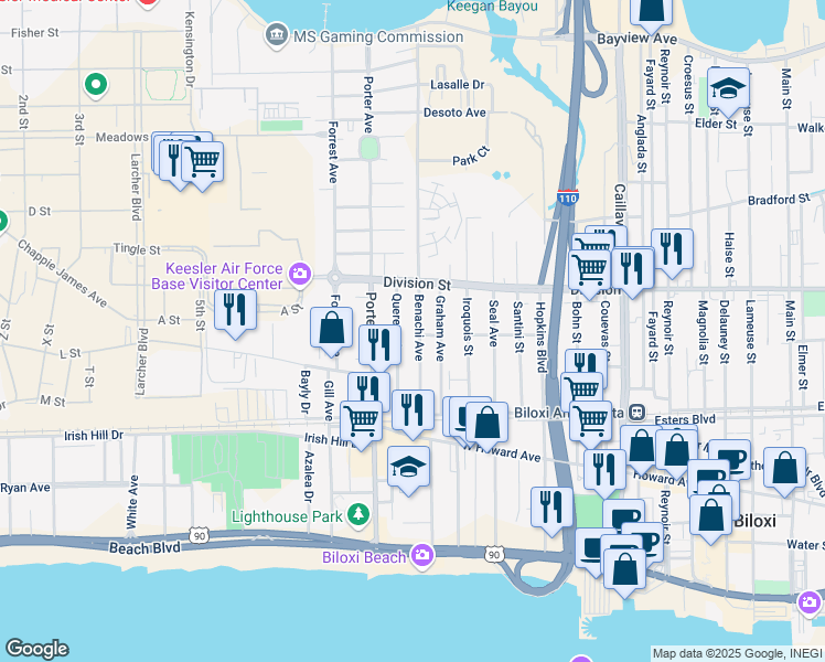 map of restaurants, bars, coffee shops, grocery stores, and more near 269 Benachi Avenue in Biloxi