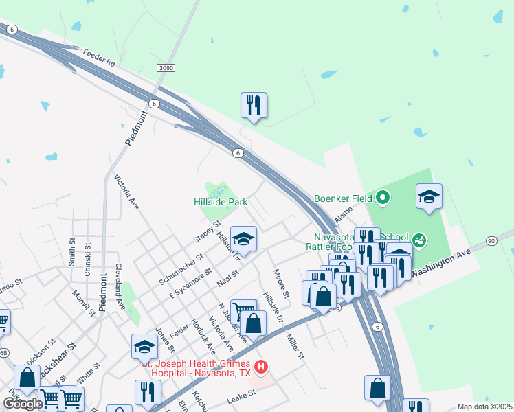 map of restaurants, bars, coffee shops, grocery stores, and more near 711 Wadesway in Navasota