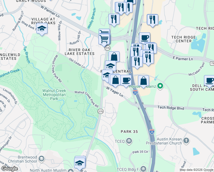 map of restaurants, bars, coffee shops, grocery stores, and more near 12301 North Lamar Boulevard in Austin