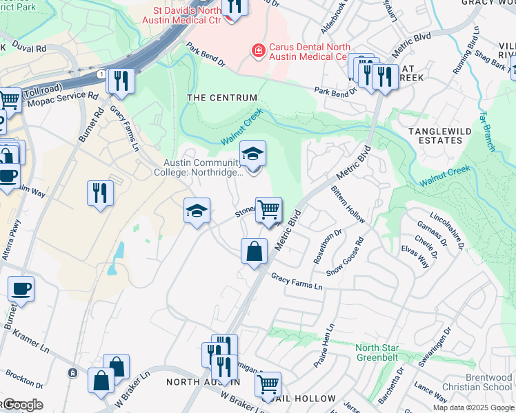 map of restaurants, bars, coffee shops, grocery stores, and more near 11900 Stonehollow Drive in Austin