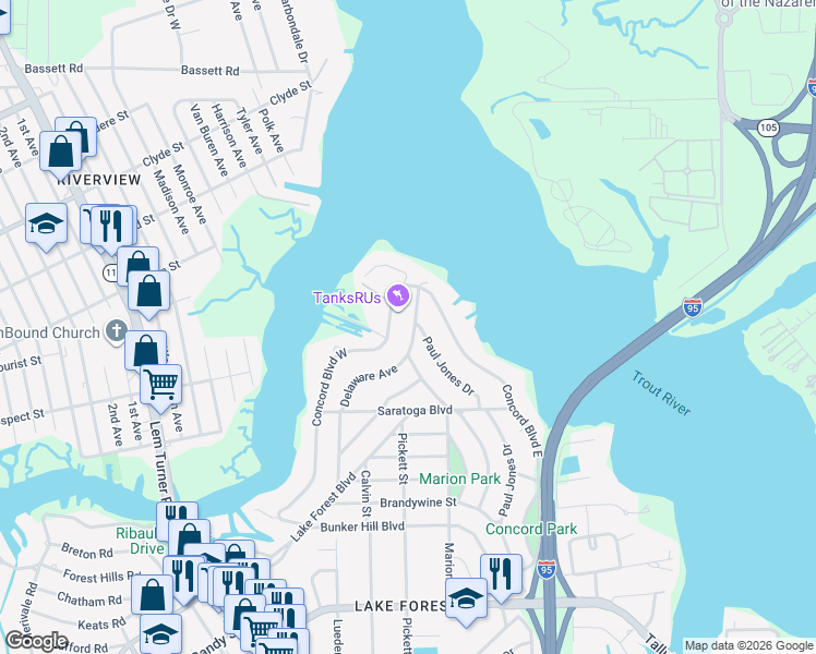 map of restaurants, bars, coffee shops, grocery stores, and more near 8438 Delaware Avenue in Jacksonville