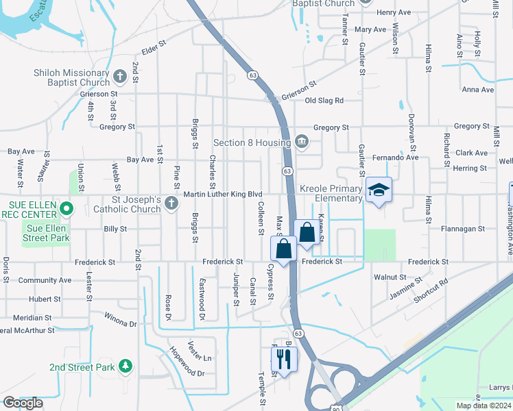 map of restaurants, bars, coffee shops, grocery stores, and more near 4141 Colleen Street in Moss Point
