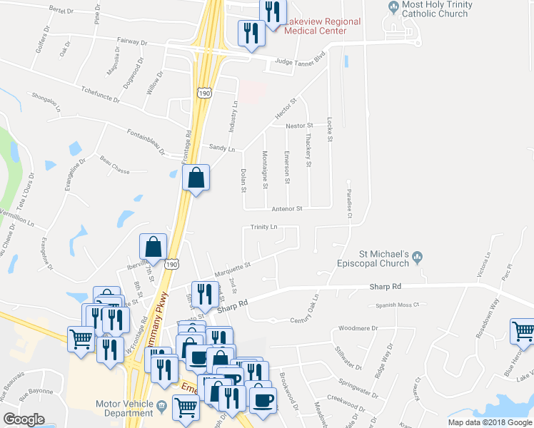 map of restaurants, bars, coffee shops, grocery stores, and more near 19154 Antenor Street in Mandeville
