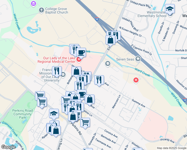 map of restaurants, bars, coffee shops, grocery stores, and more near Essen Ln & Summa Ave in Baton Rouge