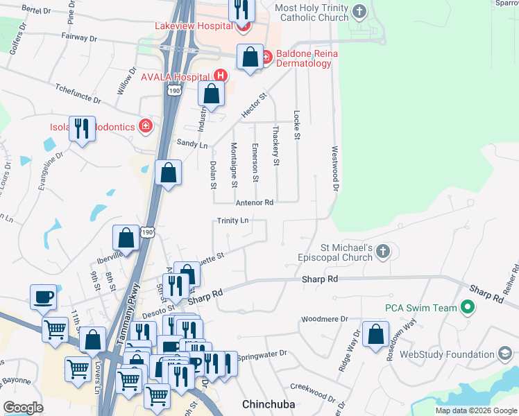 map of restaurants, bars, coffee shops, grocery stores, and more near 19208 Antenor Street in Mandeville
