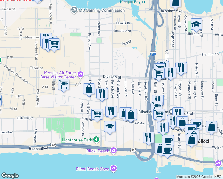 map of restaurants, bars, coffee shops, grocery stores, and more near 269 Benachi Avenue in Biloxi