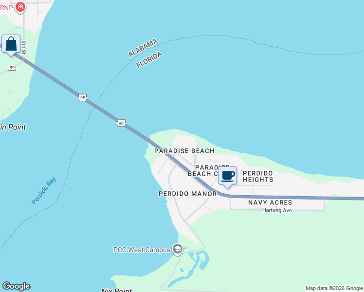 map of restaurants, bars, coffee shops, grocery stores, and more near 890 Paradise Beach Circle in Pensacola