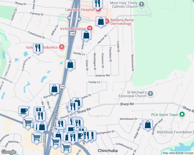 map of restaurants, bars, coffee shops, grocery stores, and more near 19162 Antenor Street in Mandeville