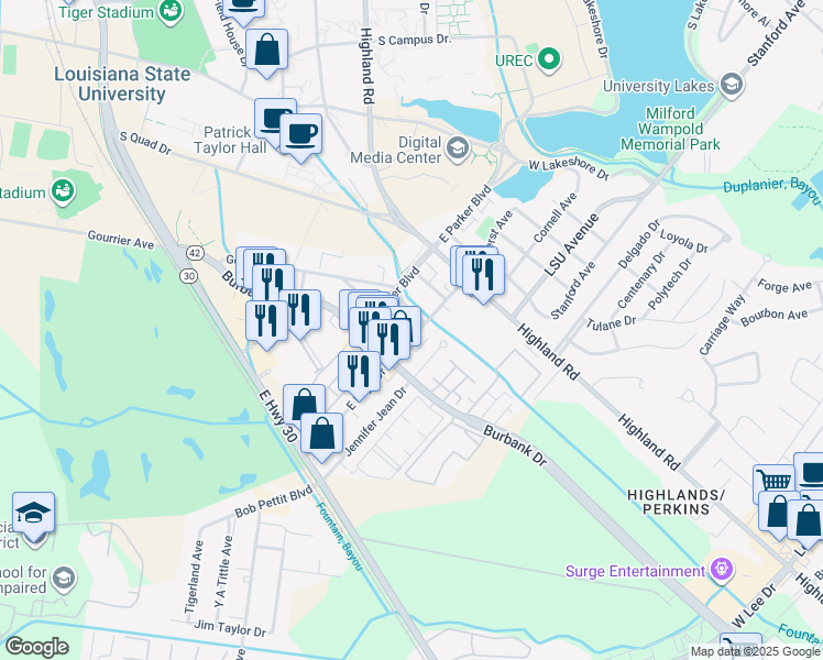 map of restaurants, bars, coffee shops, grocery stores, and more near 352 East Boyd Drive in Baton Rouge