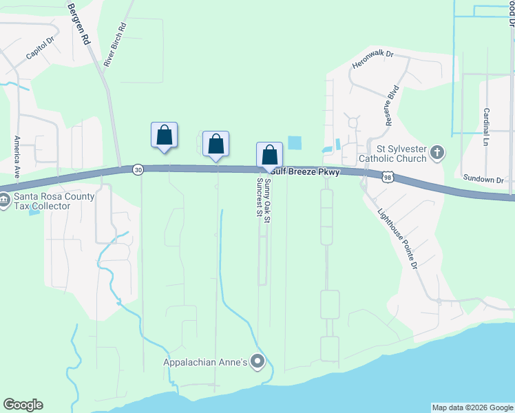 map of restaurants, bars, coffee shops, grocery stores, and more near 1825 Suncrest Street in Gulf Breeze