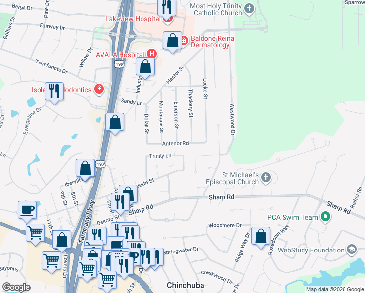 map of restaurants, bars, coffee shops, grocery stores, and more near 19208 Antenor Street in Mandeville