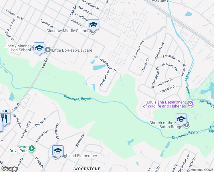 map of restaurants, bars, coffee shops, grocery stores, and more near 1187 Meadow Lea Drive in Baton Rouge