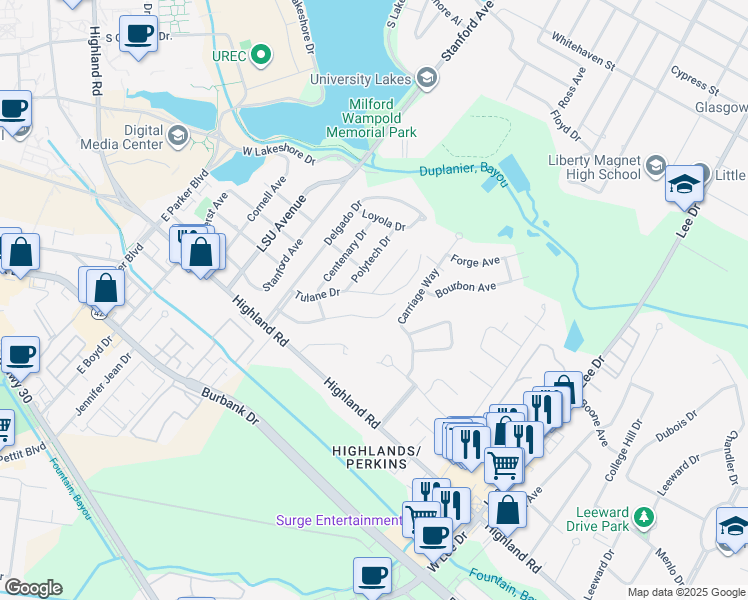map of restaurants, bars, coffee shops, grocery stores, and more near 4912 Tulane Drive in Baton Rouge