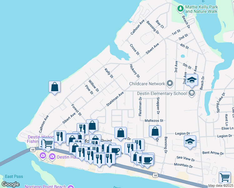 map of restaurants, bars, coffee shops, grocery stores, and more near 331 Stahlman Avenue in Destin