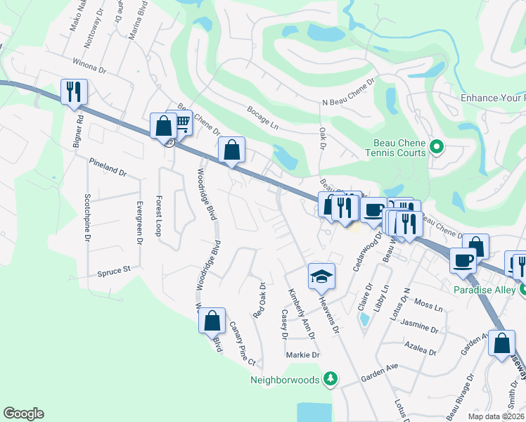 map of restaurants, bars, coffee shops, grocery stores, and more near 645 Ridgewood Drive in Mandeville