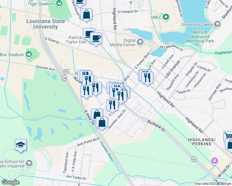 map of restaurants, bars, coffee shops, grocery stores, and more near 4221 Burbank Drive in Baton Rouge