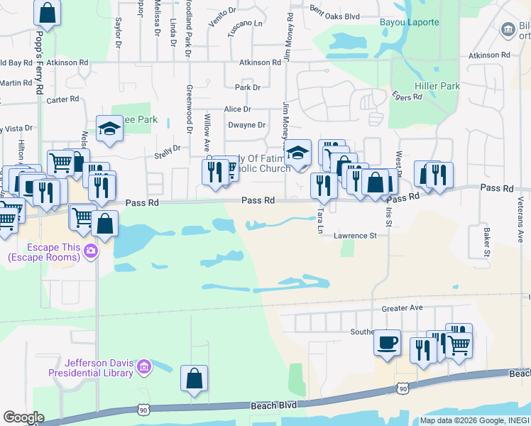map of restaurants, bars, coffee shops, grocery stores, and more near 3909 Pass Road in Biloxi