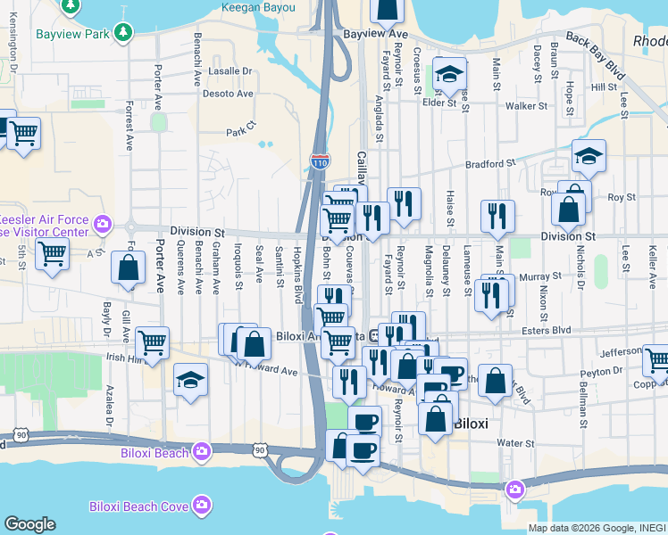 map of restaurants, bars, coffee shops, grocery stores, and more near 270 Bohn Street in Biloxi