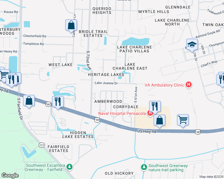 map of restaurants, bars, coffee shops, grocery stores, and more near 6916 Corrydale Drive in Pensacola