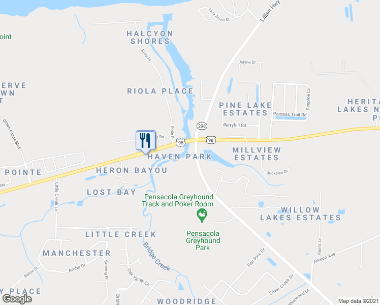 map of restaurants, bars, coffee shops, grocery stores, and more near 609 Dog Track Road in Pensacola