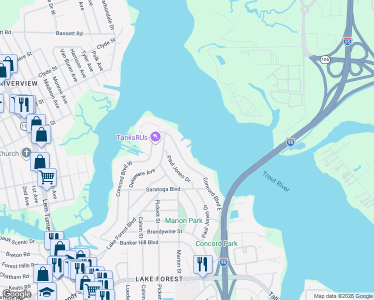map of restaurants, bars, coffee shops, grocery stores, and more near 8339 Concord Boulevard West in Jacksonville