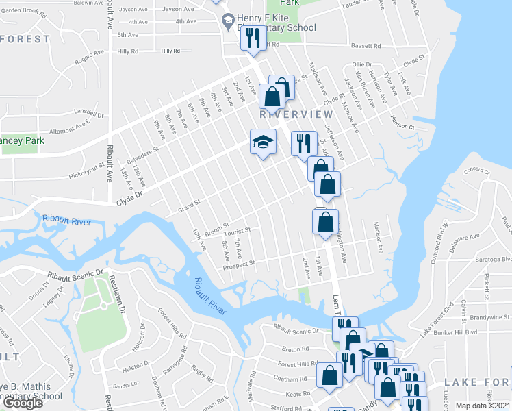map of restaurants, bars, coffee shops, grocery stores, and more near 8931 5th Avenue in Jacksonville