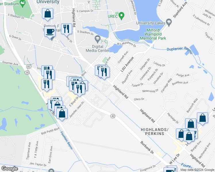 map of restaurants, bars, coffee shops, grocery stores, and more near 4410 Highland Road in Baton Rouge