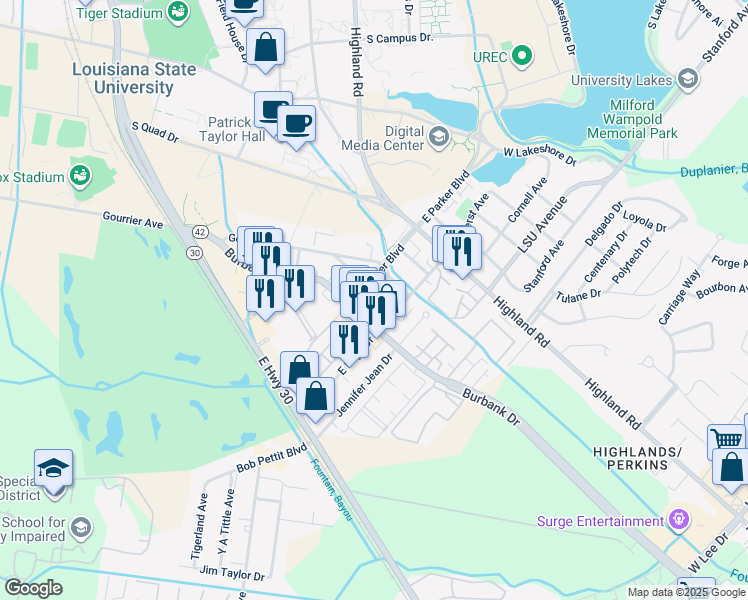 map of restaurants, bars, coffee shops, grocery stores, and more near 4221 Burbank Drive in Baton Rouge