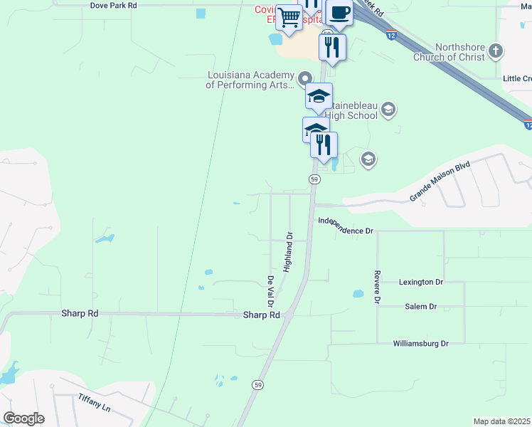 map of restaurants, bars, coffee shops, grocery stores, and more near 250 Deval Street in Mandeville