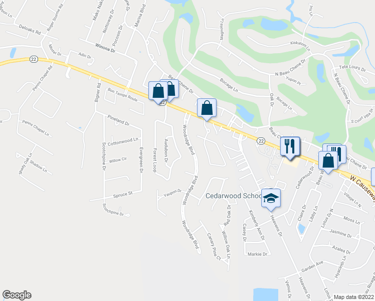map of restaurants, bars, coffee shops, grocery stores, and more near 220 Woodridge Boulevard in Mandeville