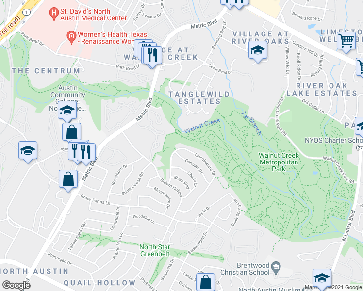 map of restaurants, bars, coffee shops, grocery stores, and more near 12055 Lincolnshire Drive in Austin