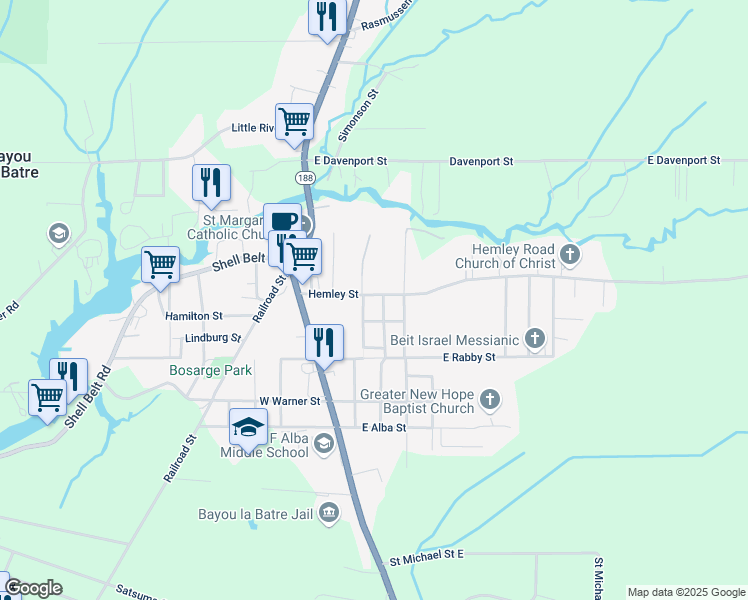 map of restaurants, bars, coffee shops, grocery stores, and more near 8635 Hemley Street in Bayou La Batre