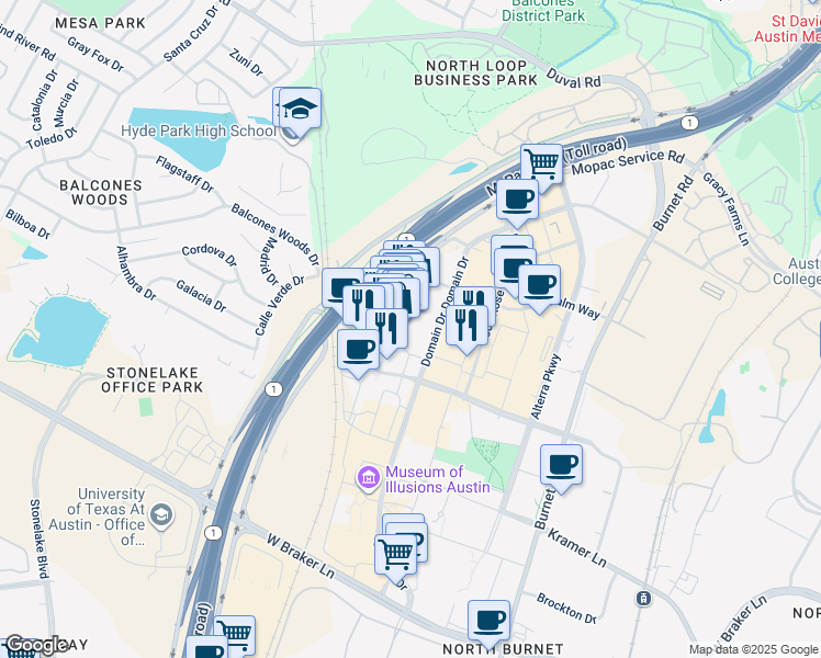 map of restaurants, bars, coffee shops, grocery stores, and more near 11501 Century Oaks Terrace in Austin