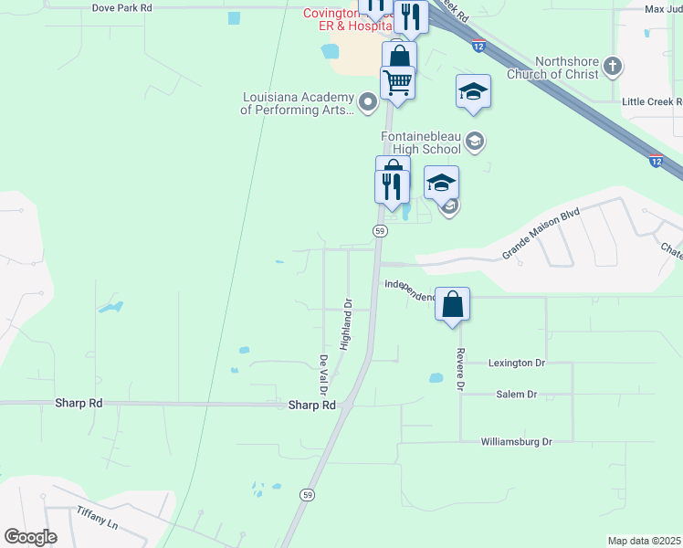 map of restaurants, bars, coffee shops, grocery stores, and more near 248 Highland Dr in Mandeville