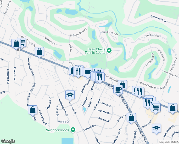 map of restaurants, bars, coffee shops, grocery stores, and more near 105 Dulac Pl in Mandeville