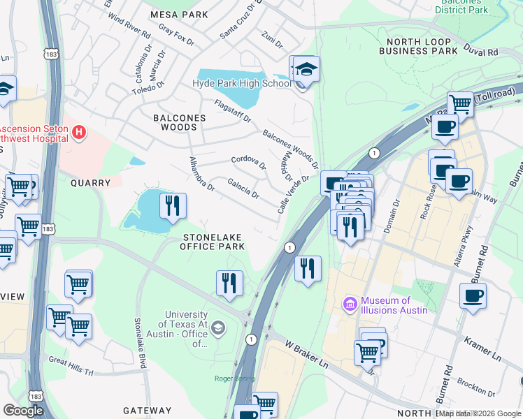 map of restaurants, bars, coffee shops, grocery stores, and more near 11009 Alhambra Drive in Austin