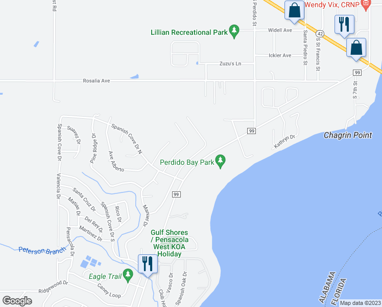 map of restaurants, bars, coffee shops, grocery stores, and more near 2741 Santa Rosa Dr in Lillian