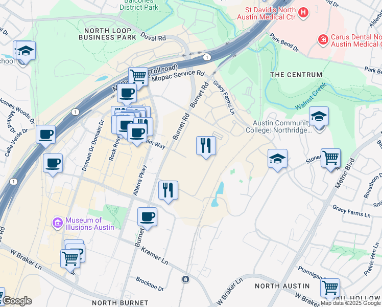 map of restaurants, bars, coffee shops, grocery stores, and more near 11501 Burnet Road in Austin