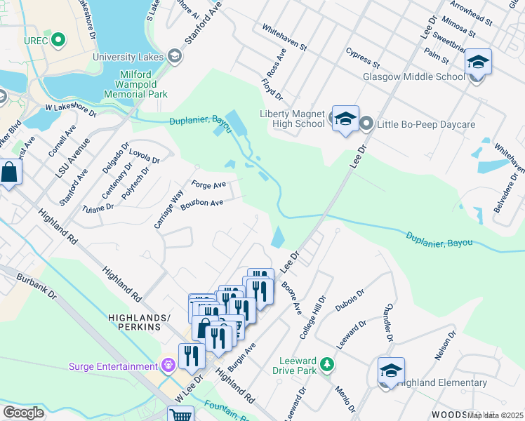 map of restaurants, bars, coffee shops, grocery stores, and more near 848 Bancroft Way in Baton Rouge
