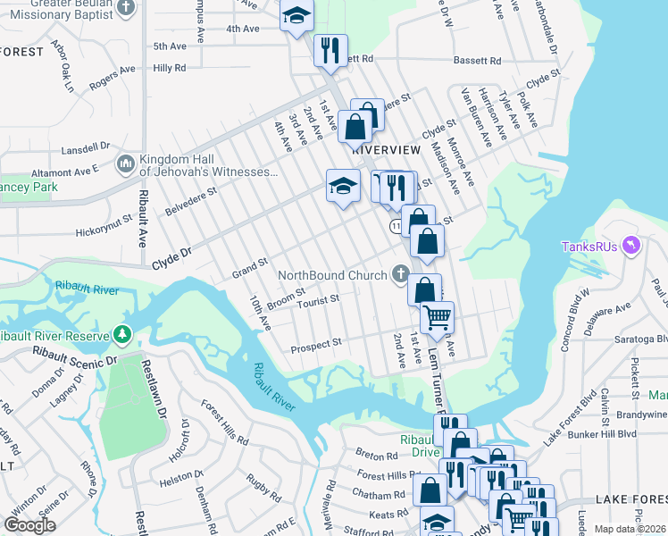 map of restaurants, bars, coffee shops, grocery stores, and more near 8931 5th Avenue in Jacksonville