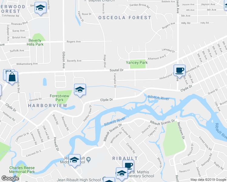 map of restaurants, bars, coffee shops, grocery stores, and more near 8834 Camphor Drive in Jacksonville